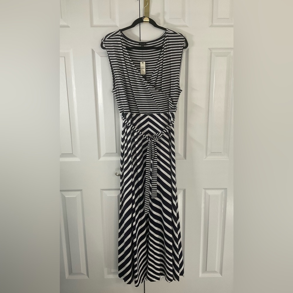 Talbots NWTwomen’s X-LG navy & white striped maxi belted dress v-neck tank style